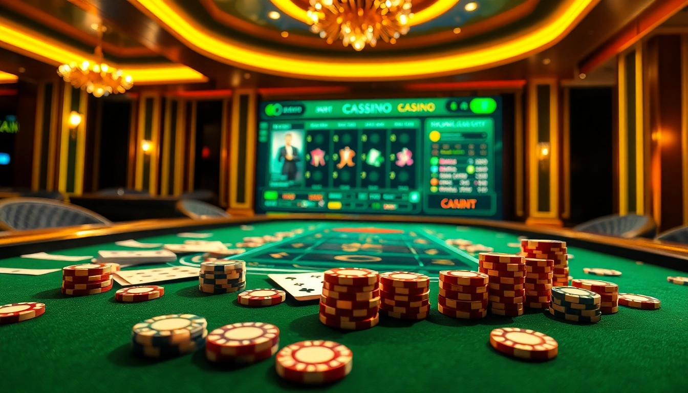 Scène passionnante de casino en ligne Français avec une interface de jeu en ligne dynamique, une table de casino élégante et des jetons colorés