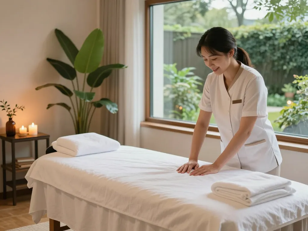 Tranquil treatment room for 강남스웨디시 massage with soft lighting, essential oils, and calming ambiance.