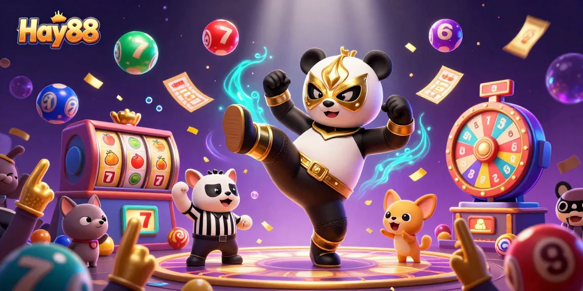 Experience excitement with Hay88's thrilling slots and jackpot games in a dynamic cartoon scene.