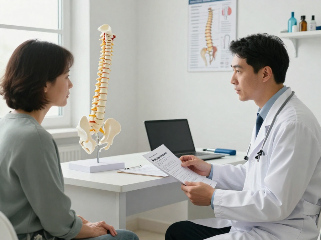Bel fıtığı ameliyatı consultation scene with doctor and patient in a clinical setting.