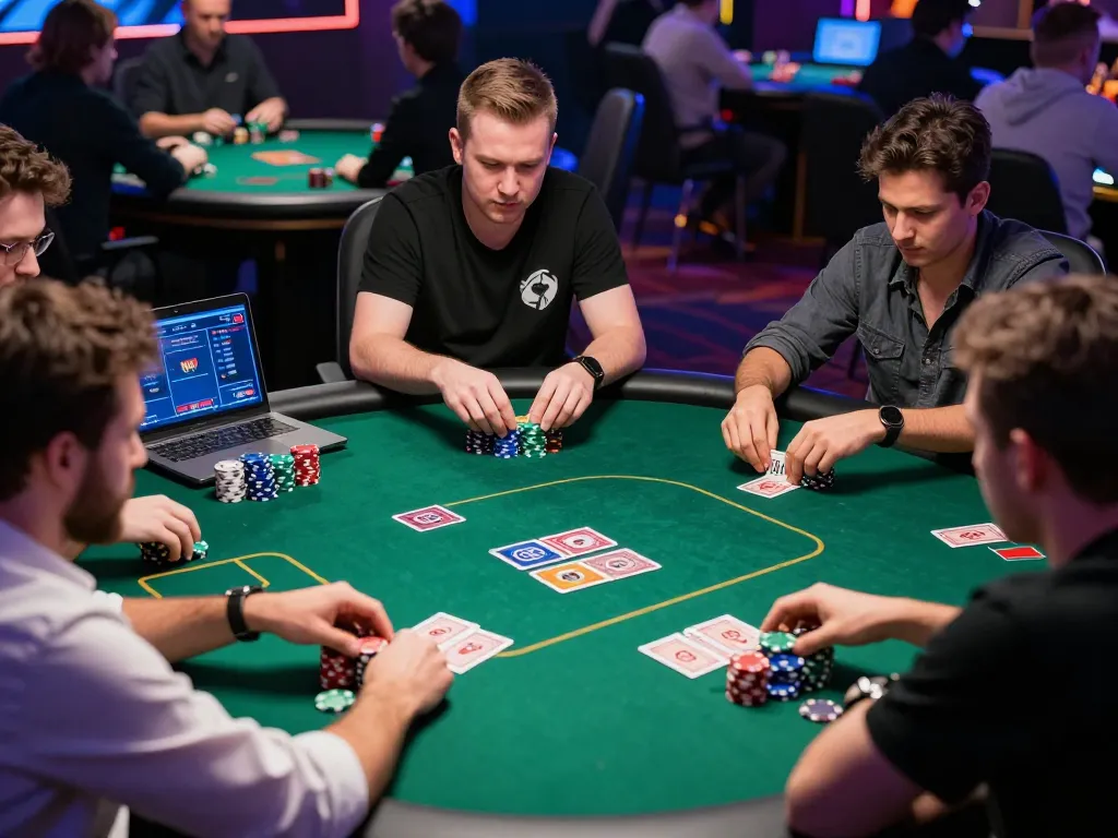 W 88 online casino poker game with players concentrating on their strategies and chips.
