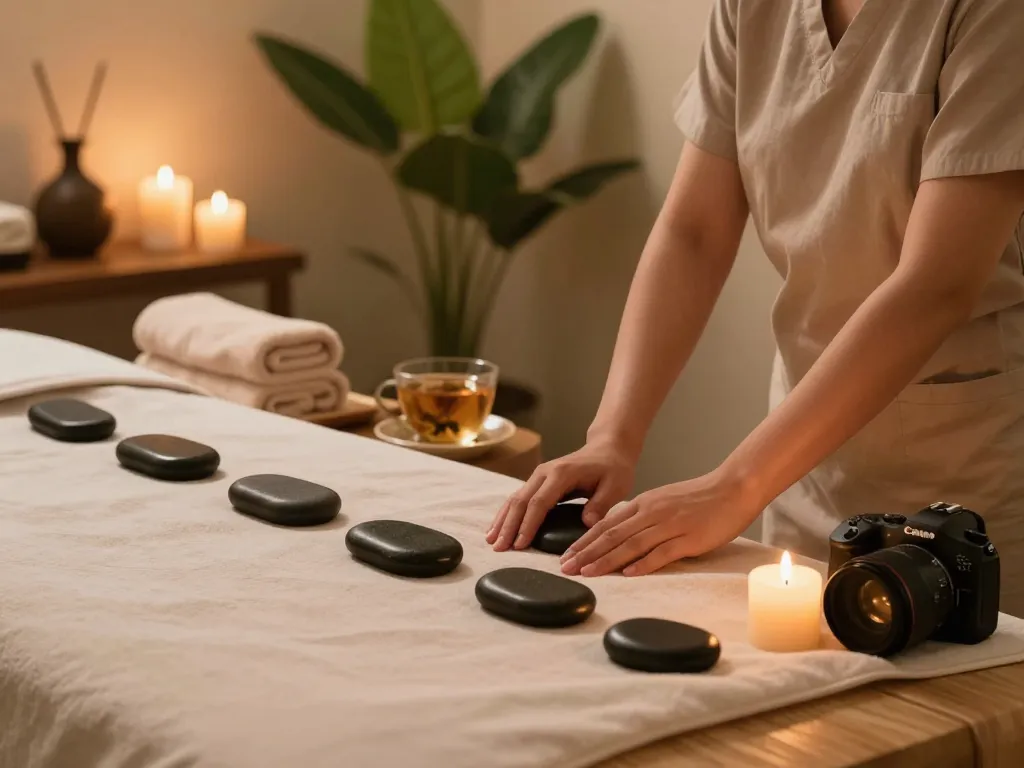 Relaxing 역삼동마사지 spa scene showcasing a calming therapist preparation with essential oils in tranquil setting.