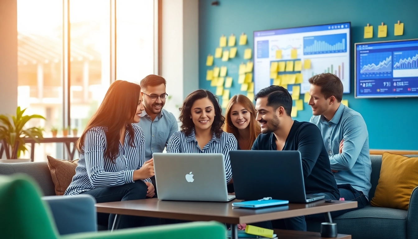 Dynamic team at a social media agency brainstorming innovative strategies in a vibrant office.
