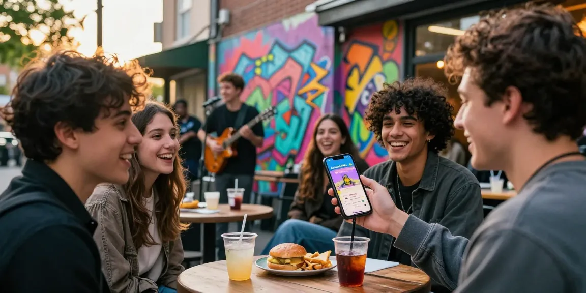 Young adults enjoying rokok88 app experience in vibrant urban setting