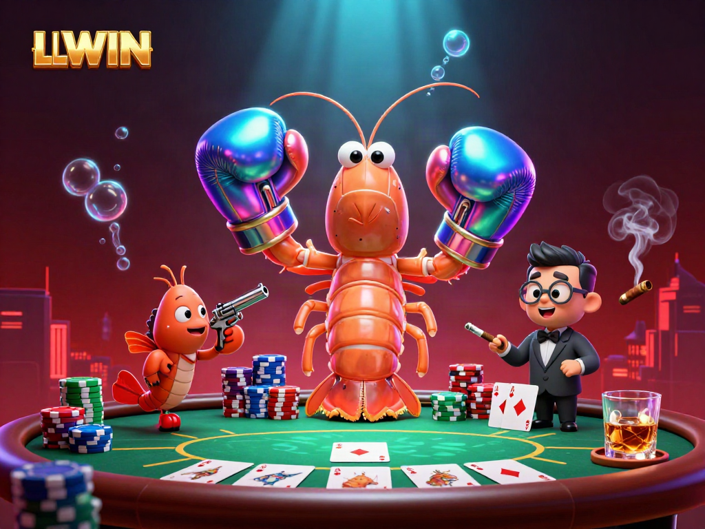 Experience the thrill of LLWIN with animated casino characters at a colorful poker table.
