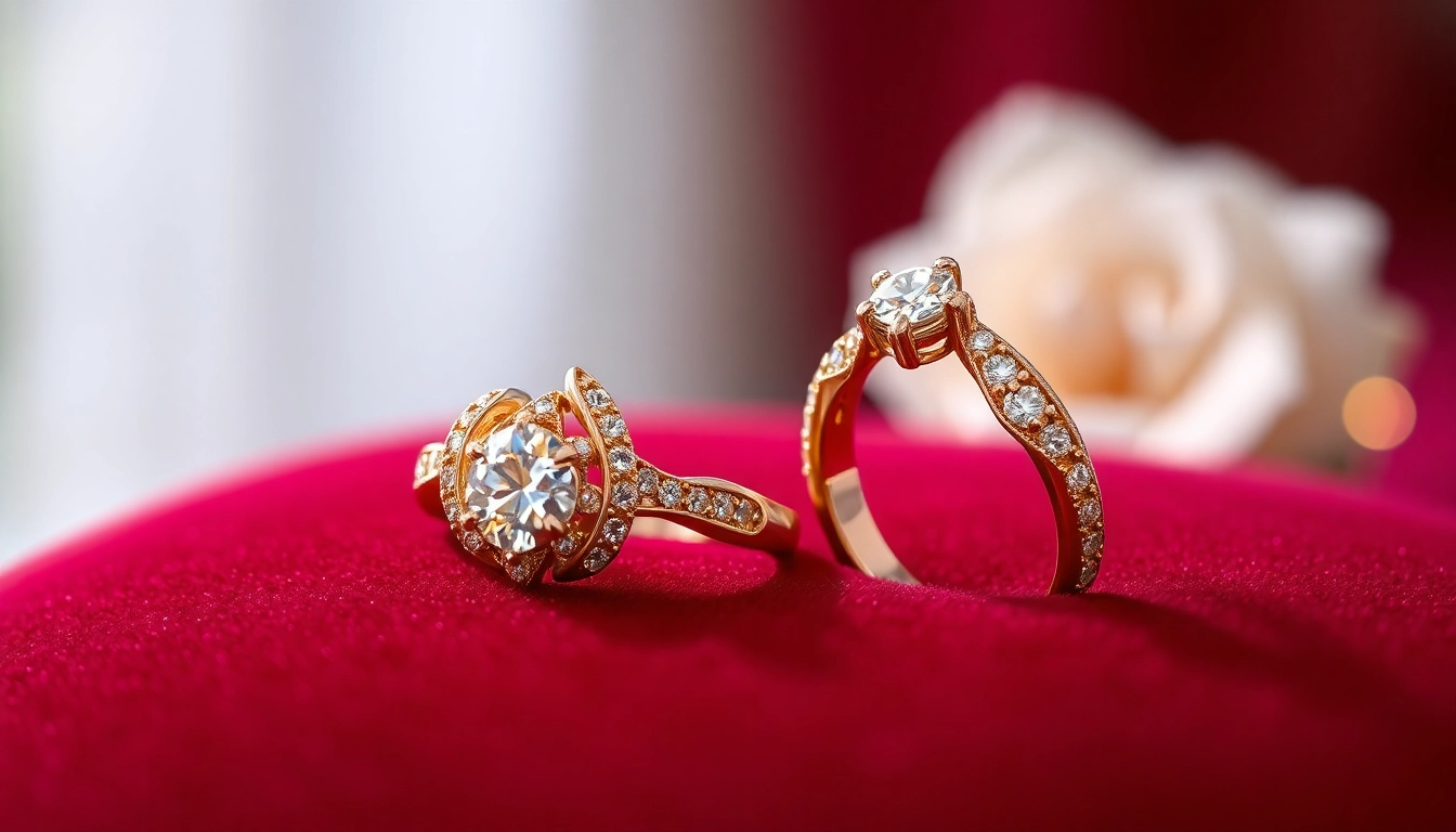 Couple rings elegantly showcased with intricate designs and sparkling gemstones for a romantic touch.