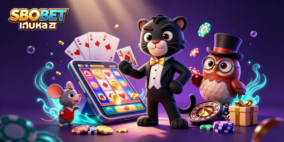 SBOBET เว็บหลัก featuring a dynamic casino scene with a black panther dealer, lucky mouse, and owl amidst vibrant gaming elements