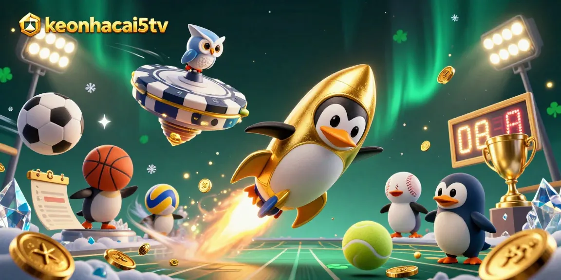 Betting on keonhacai5tv with a rocket penguin amidst sports, trophies, and fun party elements.