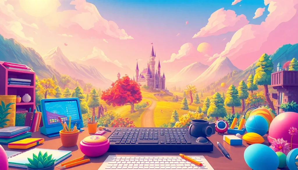 Create an engaging interface with Freedom X game development tools and a vibrant fantasy landscape.