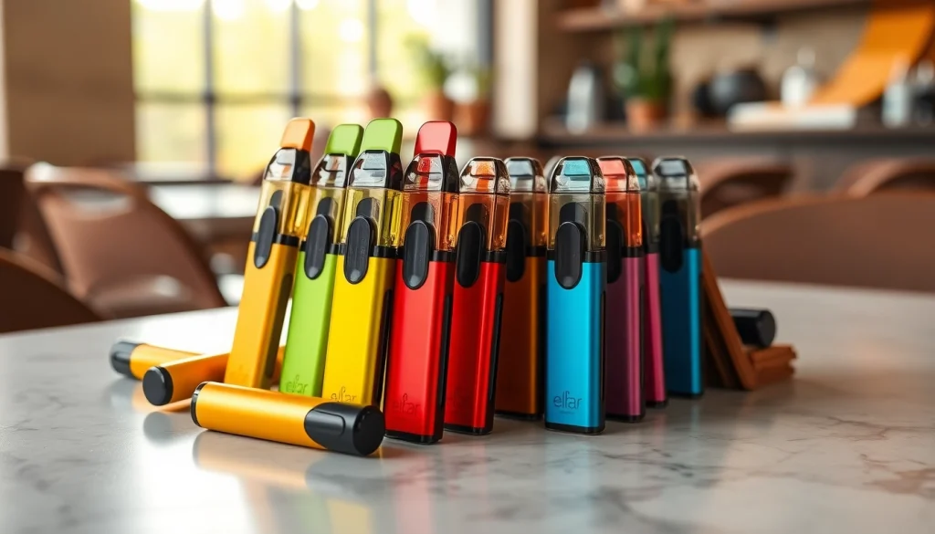 Erleben Sie elfbar pods in einer farbenfrohen Anordnung auf einem modernen Tisch in einem Café.