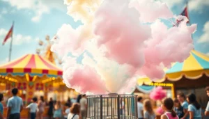 Geniet van wafel katoen die kleurrijk draait op een levendige kermis met blije kinderen.