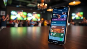 Showcasing innovative sports betting apps India on a smartphone against a lively sports bar backdrop.