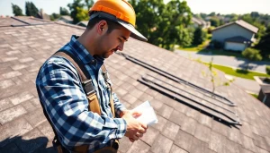 Showcasing reliable roofing services by a professional inspecting a residential roof.