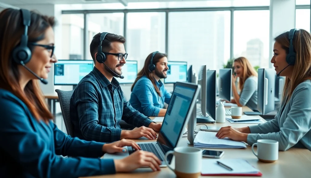 Engaged helpdesk support team providing technical assistance in a modern office setting.