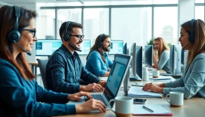 Engaged helpdesk support team providing technical assistance in a modern office setting.