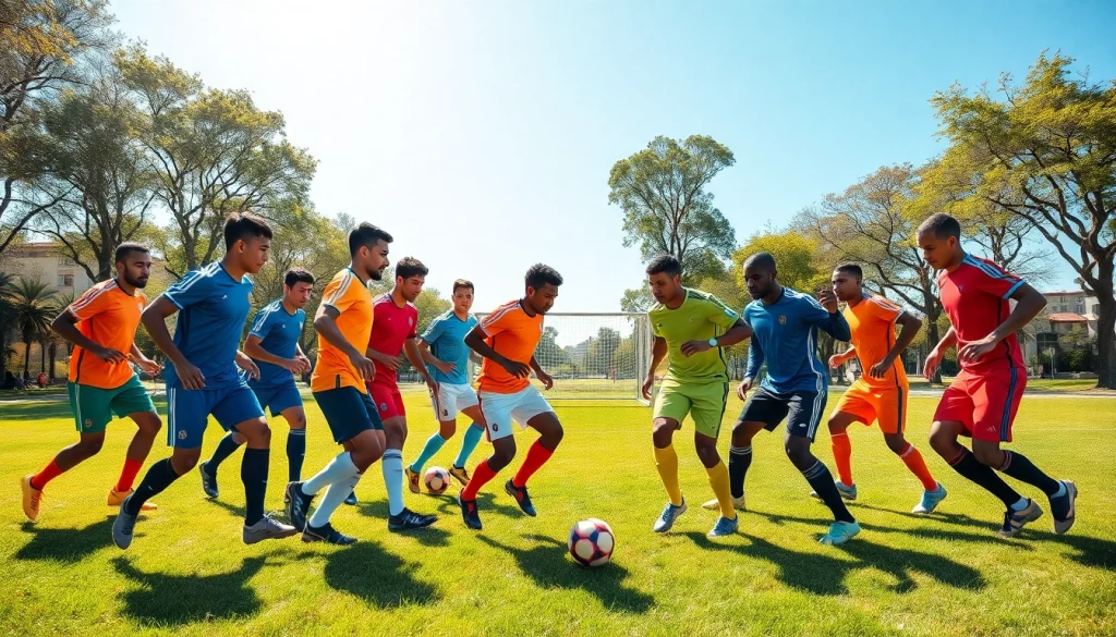 Team kit worn by professional soccer players energetically engaged in a match in an urban park.