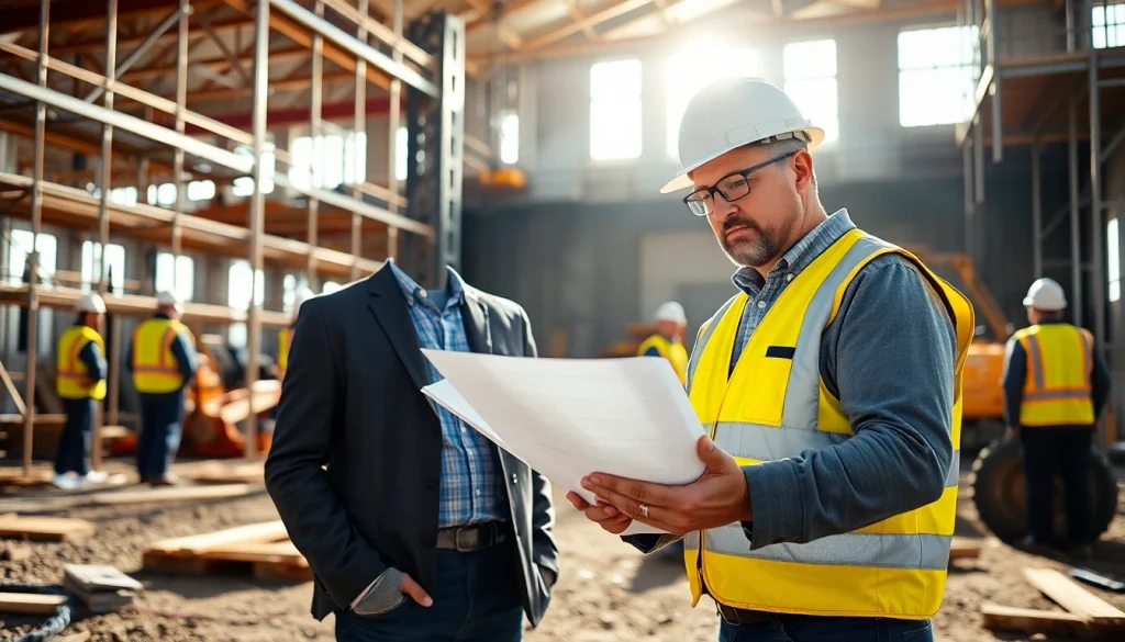 New Jersey Construction Manager analyzing blueprints at a vibrant construction site.