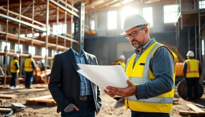 New Jersey Construction Manager analyzing blueprints at a vibrant construction site.