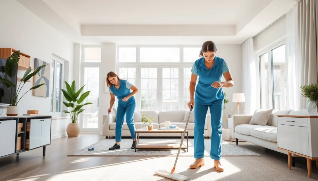 Cleaning Service team providing thorough home cleaning in a bright, modern living room.