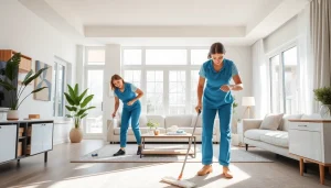 Cleaning Service team providing thorough home cleaning in a bright, modern living room.