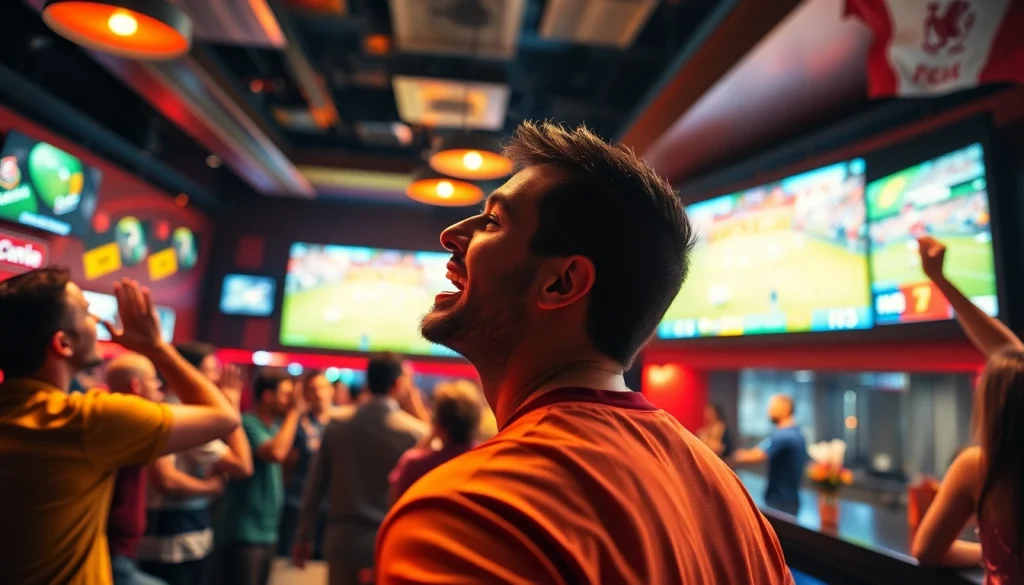 해외축구중계 경기를 즐기는 팬들이 모인 생생한 스포츠 바의 모습.