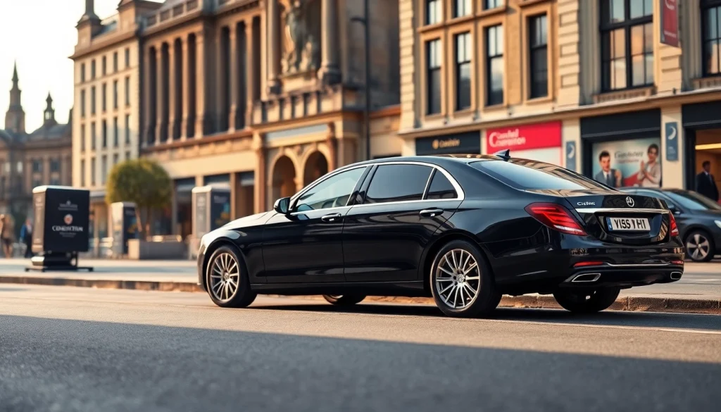 Experience top-notch Chauffeur Hire Nottingham with a sleek black luxury sedan in an urban setting.