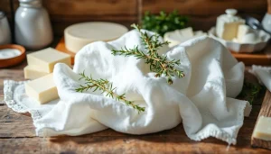 Kaasdoek met verse zuivelproducten en kruiden op een houten keukentafel.