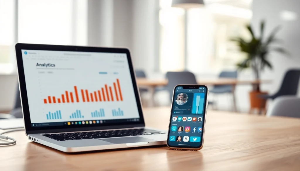 Showcase the best smm panel with a laptop and smartphone in a modern digital marketing workspace.