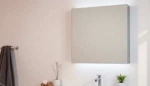 Entdecken Sie den eleganten sonni Spiegelschrank mit anpassbarer LED-Beleuchtung im modernen Badezimmer.