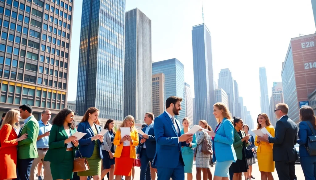 Explore the bustling scene of Chicago jobs with diverse professionals networking and seeking opportunities.