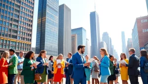 Explore the bustling scene of Chicago jobs with diverse professionals networking and seeking opportunities.