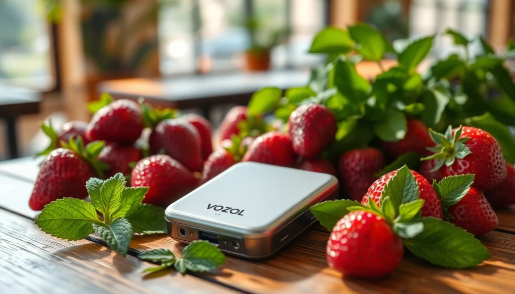Vozol Vaping-Gerät elegant präsentiert, umgeben von frischen Früchten und entspannter Atmosphäre.