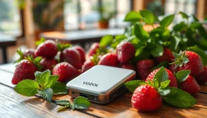 Vozol Vaping-Gerät elegant präsentiert, umgeben von frischen Früchten und entspannter Atmosphäre.