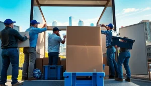 Packing boxes by professional Toronto movers in an urban setting with a moving truck.