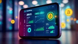 Innovative cloud mining app interface displayed on a smartphone with real-time statistics and Bitcoin metrics.