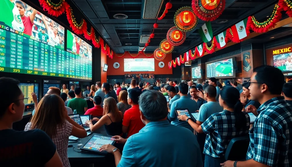 Engaging scene of sports betting in Mexico showcasing lively sportsbook and diverse bettors.
