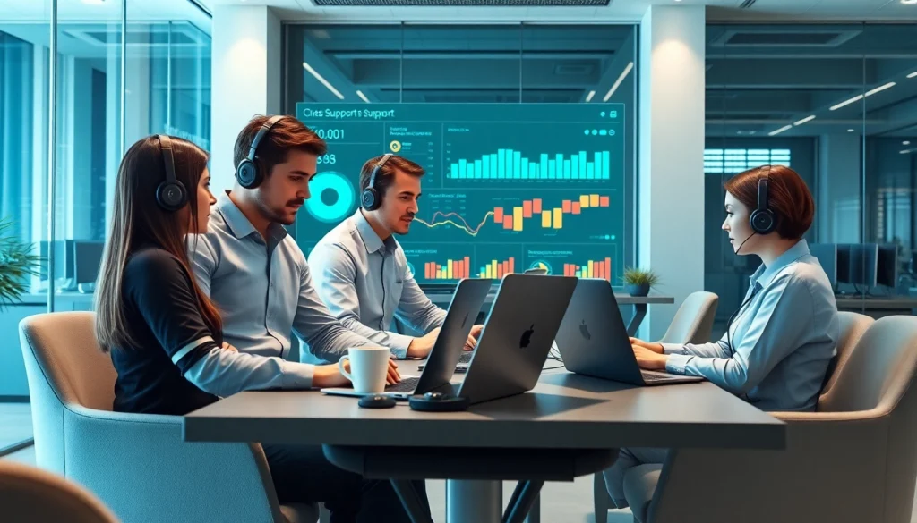 Showcasing IT Helpdesk Solutions with technicians collaborating in a modern office.