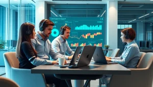 Showcasing IT Helpdesk Solutions with technicians collaborating in a modern office.