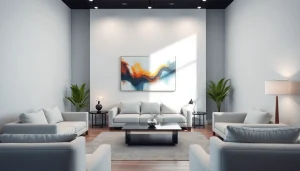 Showcasing interior design dubai with a modern workspace featuring sleek furniture and vibrant art