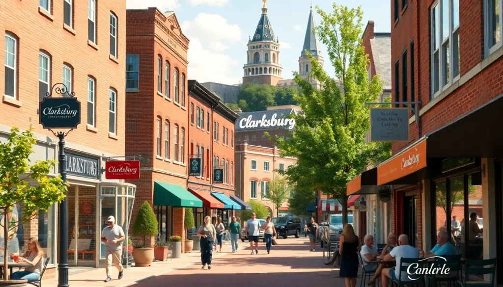 Discover vibrant atmosphere of Clarksburg in a charming sunny downtown scene