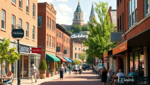 Discover vibrant atmosphere of Clarksburg in a charming sunny downtown scene
