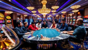 The thrill of high-stakes poker at RR88, featuring diverse players and colorful chips in a luxurious casino setting.