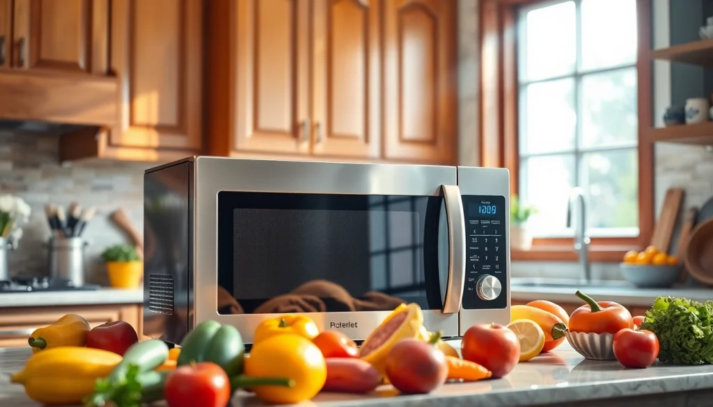 Showcasing a modern microwave oven on a kitchen countertop with fresh produce around.