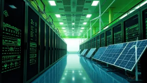 Modern cloud mining site using renewable energy sources for sustainable cryptocurrency mining.