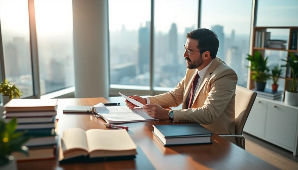 Real estate lawyer discussing a contract with a client in a modern law office
