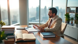 Real estate lawyer discussing a contract with a client in a modern law office