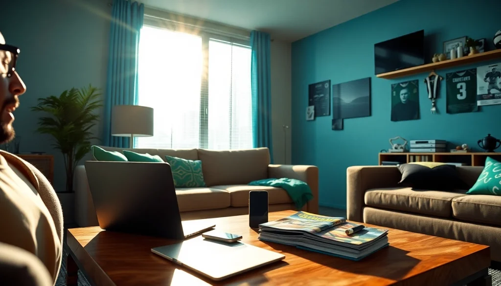 Engaging setup for sports betting apps Texas featuring a laptop and sports memorabilia