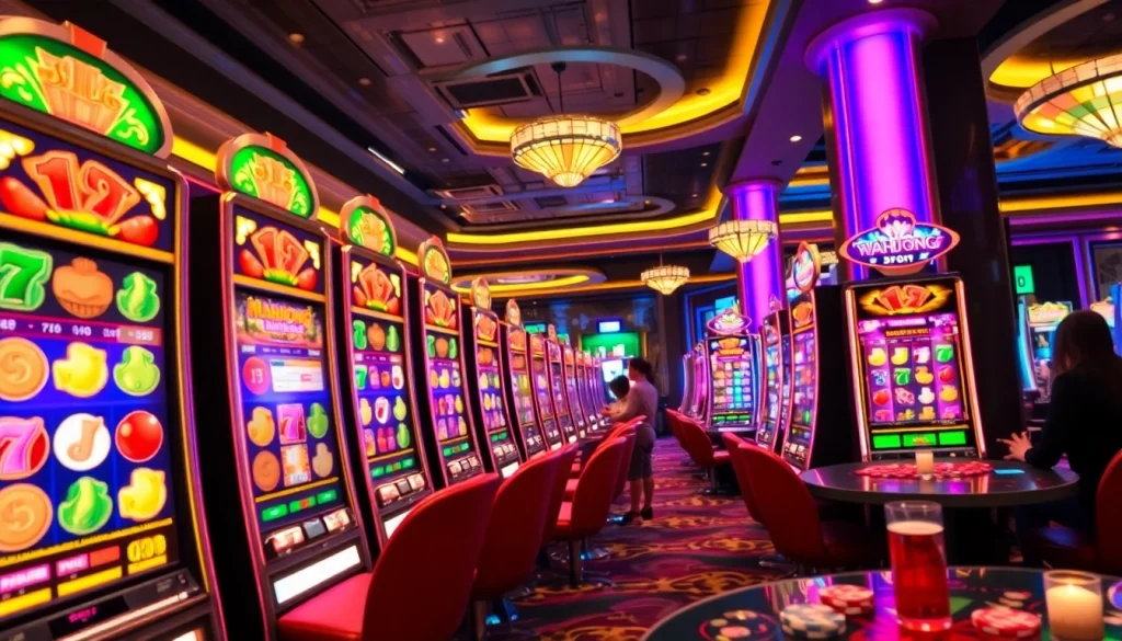 Mainkan slot demo mahjong dengan suasana kasino yang meriah dan warna-warni.