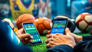 Betting with sports betting apps Alabama showcased on smartphones alongside sports gear.