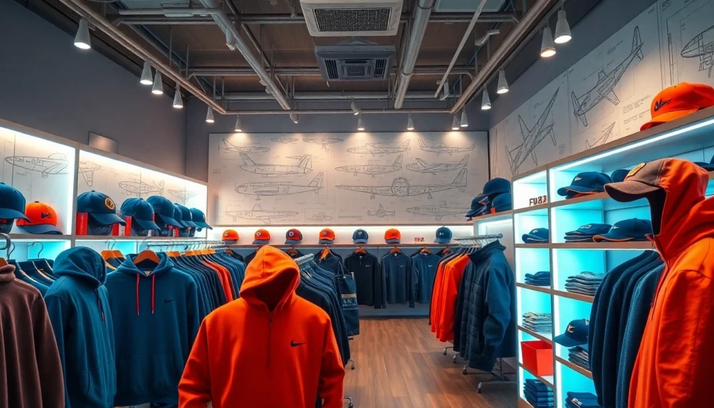 FLY88 showcases aviation-inspired apparel in a modern store design with bright ambiance and unique accessories.